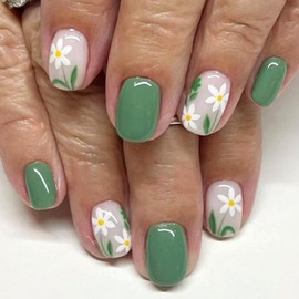 Cute White Flower Press on Nails Green Solid Color Fake Nails Short Square Spring Summer Glue on Nails Glossy Acrylic Stick on Nails for Women DIY Manicure