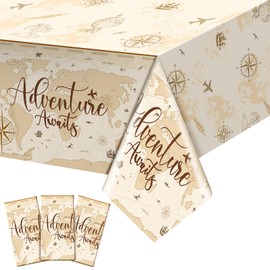 Frienda 3 Pcs Adventure Awaits Tablecloth Travel Party Decorations Bon Voyage World Map Table Cloth Plastic Disposable Table Cover for Baby Shower Birthday Party Supplies, 108 x 54 Inch (Khaki)