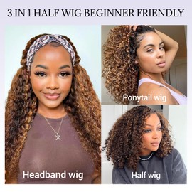 24Inch Ombre Highlight Headband Wig Human Hair Deep Wave 4/27 Honey Blonde Human Hair Headband wigs for Black women Glueless None Lace Front Wig Machine Made 180% Density Curly Half Wig Human Hair