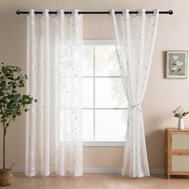 DWCN Embroidery Sheer Curtains Decoration Flora Design Grommet Window Curtain Semi Voile Drapes with Eyelets Window Treatments for Living Room Bedroom 2 Panels 52" W x 88" L White