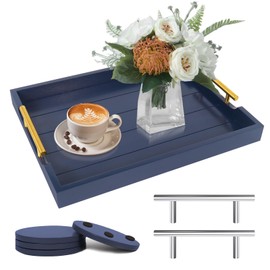 SXNOWS Coffee Table Tray - Large Ottoman Tray for Living Room - Wood Serving Tray with Handles(2 Sets) - Wooden Trays for Coffee Tables, 4 Round Coasters Included, Deep Blue