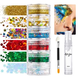 Glitter Face, 6-Piece Small & Chunky Sequin Festival Glitter Powder Set with Glitter Glue, Festival Glitter Make-Up Accessories for Nails, Eyes, Lips, Hair, Body, Christmas Sequins Set