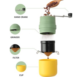 Mongdio Portable Coffee Maker for Travel With Manual Grinder,Permanent Stainless Steel Coffee Drip Filter, Adjustable Manual Grind Settings with 2 Cups, Great for Camping, Hunting, Outdoor - Green