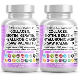 Clean Nutraceuticals Collagen Pills 1000mg Biotin 10000mcg Keratin Saw Palmetto 2500mg Hyaluronic Acid - Hair Skin & Nails Vitamins & DHT Blocker with Vitamin E Folic Acid Pumpkin Seed MSM - 2Pack