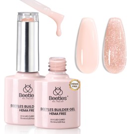 Beetles Builder Gel 2 Colors 7 in 1 Nude Glitter Builder Gel Hema-Free for Nail Apex & Extension Strengthener Upgraded Bottle Soak Off LED Lamp DIY Manicure Salon Gifts for Women