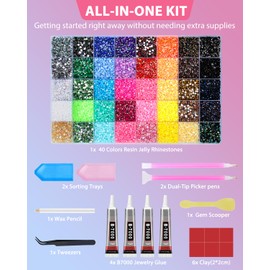 40000 PCS Bedazzling Kit 40 Colors 4mm Multicolor Bedazzler Kits with Rhinestones,Resin Jelly Flatback Gems for Nails Diamond Art with 4 Pcs B7000 Jewelry Glue & Picker Tools for DIY Craft Beginners