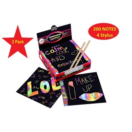 Playkidiz Scratch Paper Art Set, 200 Scratch Notes and 4 Scratch Pens, Rainbow Magic Scratch Art, Paper Crafts, Bulletin Boards, Letters, Party Favors and More