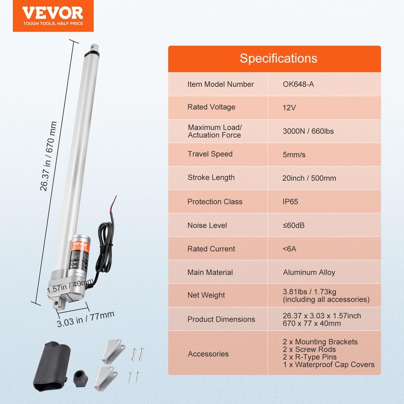 VEVOR Linear Actuator 12V, 20 Inch Waterproof IP65 Linear Actuator,