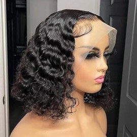 Caijuxing Water Wave 13x6 Hd Lace Front Wigs Human Hair 200% Density Short Curly Bob Wig Human Hair Lace Frontal Wigs for Black Women Deep Wave Pre Plucked Glueless Wig Natural Black (10 Inch)
