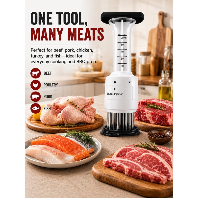 Meat Tenderizer & Marinade Injector Kit, Stainless Steel Food Flavor