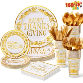 JOYIN 168Pcs Thanksgiving Paper Plates Set, Disposable Dinnerware for Festive Gathering,Thanksgiving Party Fall Harvest, Paper Gold Disposable Dinnerware Set for 24 Guests, Party Supplies