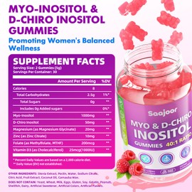 Saajoor Myo-Inositol & D-Chiro-Inositol Gummies with Vitamin D3, Magnesium Glycinate, Folate & Zinc, Inositol Supplement for Female Health, Vegan, Raspberry Flavor, 60 Gummies