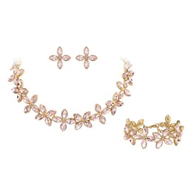 BriLove Wedding Jewelry Sets for Bride Bridesmaid, Crystal Leaf Marquise Cluster Choker Necklace Stud Earrings Link Bracelet for Women Flower Filigree Set Pink Gold-Tone