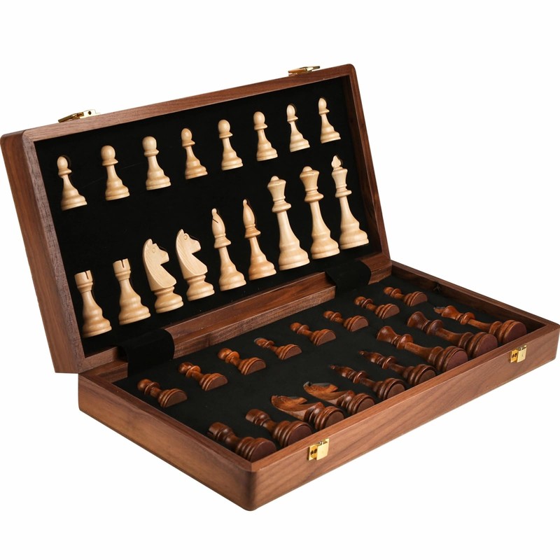 15'' Walnut Chess Set with Storage Board for Adults &
