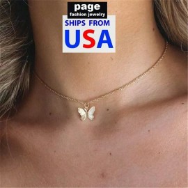 Rinhoo Butterfly Pendant Necklace Metal Clavicle Choker 18" Chain Women Jewelry