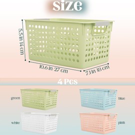 Plastic Storage Baskets,4 Pack Plastic Storage Baskets with Handles, Narrow Organizing Bins for Kitchen & Laundry, Small Nesting Containers,4 Colors, 11 x 5.5 x 7 Inch