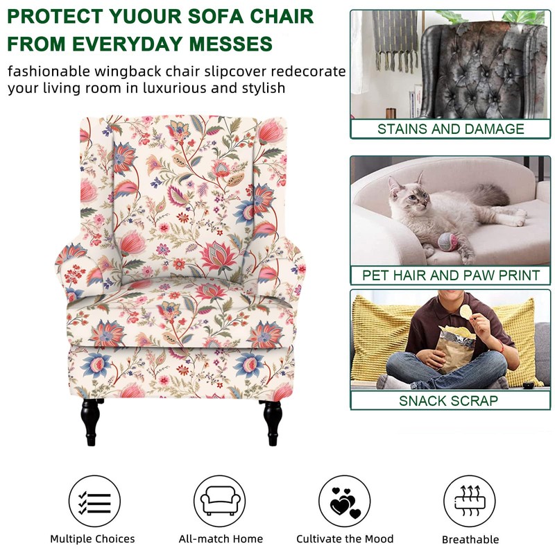 CRFATOP Wingback Chair Covers 2 Pieces Stretch Printed Wing Back