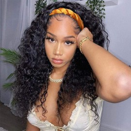 4GIRL4EVER Headband Wigs Human Hair Deep Wave Wig Curly Half Wigs for Black Women Glueless Headband Wig None Lace Front Wigs 180% Density Machine Made Natural Color (16 Inch)