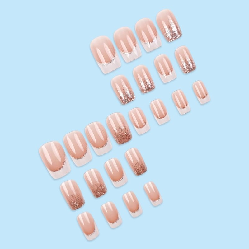 French Tips Press on Nails Short Square Silver Fake Nails