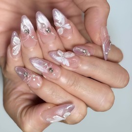 Bomesy Purple Cat Eye Ombre French Tip Press On Nails Almond Medium Fake Nails with 3D Butterfly & Rhinestone Charms, Full Cover Stick on Nails Reusable False Nails for Women Manicure