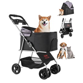 VEVOR Pet Stroller, 35 lbs Weight Capacity, Foldable Dog Stroller Cart, 4 Wheels Cats Strollers with with Detachable Carrier & Mesh Windows, Portable Design with Brake for Small to Medium Pets