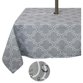Tektrum 60 X 60 inch Square Moroccan Quatrefoil Outdoor Tablecloth with Umbrella Hole and Zipper, Zippered Table Cover - Spill Proof/Waterproof - for Patio Garden Tabletop Decor (Light Grey)