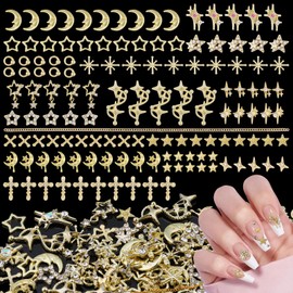 Kikonoke 130pc Gold Star Nail Charms - 3D Circles, Cross, Chain, Moon Nail Gems Alloy Accessories with Glass Rhinestones for Women DIY Design Craft Jewelry