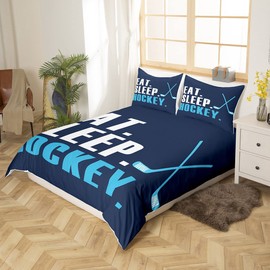 Ice Hockey Comforter Cover Set Hockey Sports Event Bedding Set for Boys Girls Women Men Blue Eat Sleep Hockey Bedding Duvet Cover Set Winter Sports Hobby Room Decor Full Size Bedspread Cover 3Pcs
