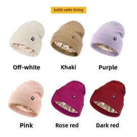 ZQCZQC Women's Winter Outdoor Warm Ear Protection Knitted Hat, Satin Lining, Printed Pattern, Warm Knitted Silk Satin Lining Acrylic Winter Hat (US, Alpha, One Size, Navy Blue)