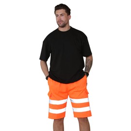 Grunge Wear® Hi Vis Fleece Combat Shorts - Mens HIGH Visibility Reflective Tape Safety Security Work Utility Cargo Pant (Orange, Small)