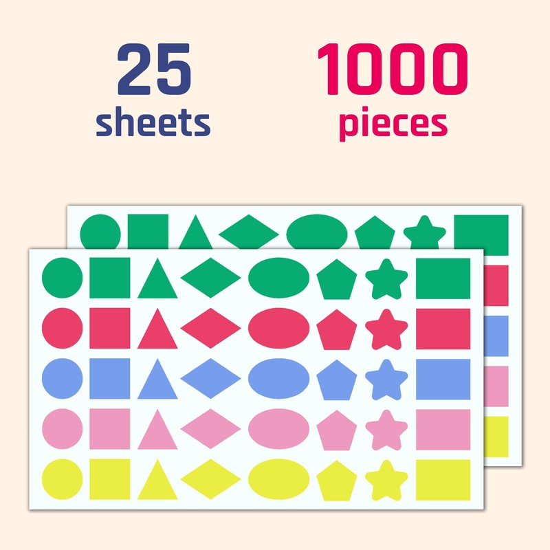 1000 Pieces, 2 cm - Coloured Shape Stickers, Colour Coded