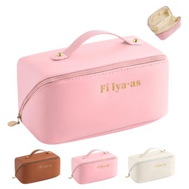 Fi Iya·as Travel Makeup Bags Large Capacity Cosmetic Bags for Women Portable PU Leather Water Resistant Makeup Organizer Bags with Divider and Handle (Pink)