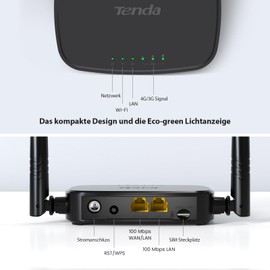 Tenda 4G03 Pro 4G LTE Router, WLAN Router for Nano SIM Cards (N300 CAT4, 150 Mbps in Download, 300 Mbps 2.4 GHz) 2 x 4dBi Antennas, Plug & Play, Fast Ethernet Port, App, Router Mode, LED, Black