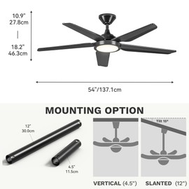 DWVO Ceiling Fan with Light, 54" Ceiling Fan with Remote, Tri-Color Temperature, 5 Blade Ceiling Fans Reversible 6 Speeds w/Quiet DC Motor for Bedroom, Living Room, Dining Room