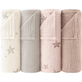 Bearmoss Muslin Baby Washcloths 100% Cotton Baby Bath Wash Cloth Large Ultra-Absorbent Burp Cloth Soft Baby Face Towel for Newborn Baby Boy and Girl, 23x23inch 4 Pack (Pinkstar)