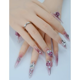 Duotaoii Almond Press on Nails Long Fake Nails Handmade False Nails Rose Diamond 3D Hand-Painted Nail Charms, Acrylic Nail Kit Glue on Gel Nails, Reusable Stick on Nails for Women 10pcs M