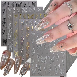 6 Sheets Butterfly Nail Art Stickers Decals 3D Self-Adhesive Luxury Nail Art Supplies Laser Gold Silver Black White Butterflies Wings Design Nail Stickers Holographic Nail Decals for Women DIY Nails