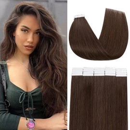 Benehair Tape in Hair Extensions, Human Hair 20Pcs Invisible Tapes Human Hair Extension, Remy Hair Extension with Tape, 18 Inches 30g Tape in Hair Extensions for Women, Medium Brown Hair #4