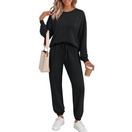AUTOMET Sweatsuits for Women 2 Piece Track Suit Comfy Crewneck Lounge Sets with Sweatpants 2025 Fall Outfits Black S
