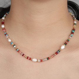 Boho Beaded Necklace for Women Natural Colorful Gemstones Pearl Choker Necklaces Gold Plated Summer Beach Necklace Jewelry Gifts