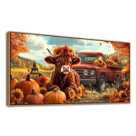 QZQCBLC Large Fall Wall Art - Orange Retro Farm Landscape Paintings Artwork Red Truck Cute Cow Pumpkins Sunflowers Rustic Autumn Canvas Picture for Living Room Bedroom Office Home Decor 24"X48"