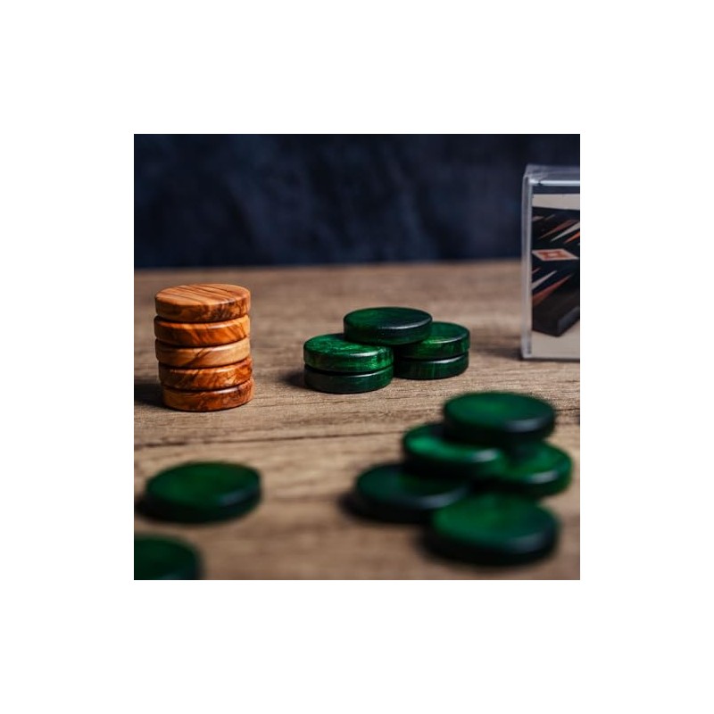 Luxury Manopoulos Olive Wood 36mm Backgammon Checkers - Green and