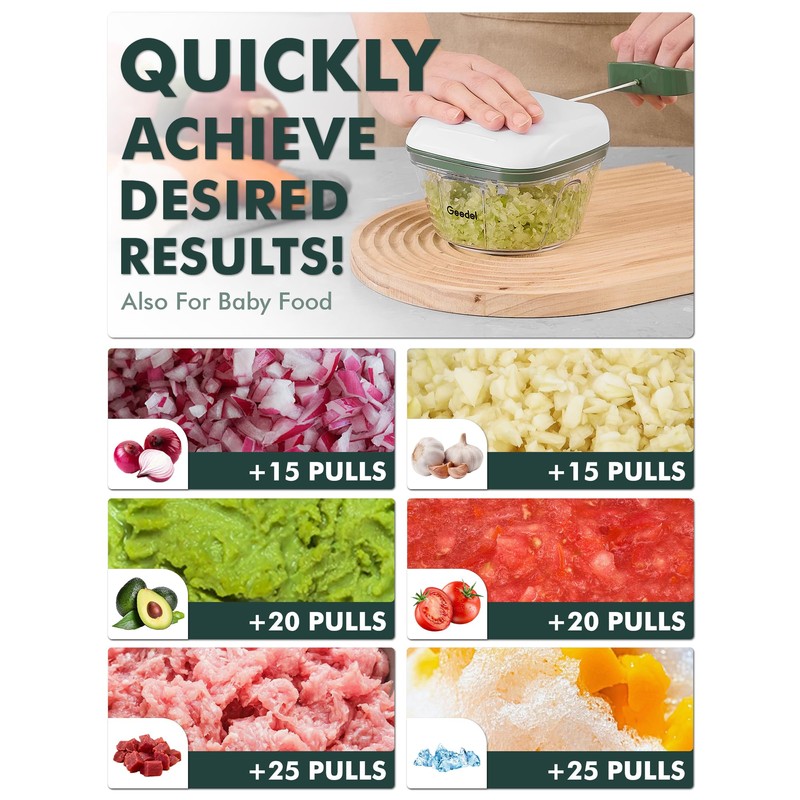 Manual Food Processor Vegetable Cutter, Geedel Pull Chopper with String,