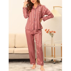 cheibear Womens 2023 Satin Pajamas Stripe Nightshirt Button Down with Pants Lounge Set Pink M