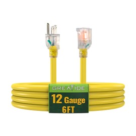 GREATIDE Outdoor Extension Cord with Lighted End, 12 Gauge Heavy Duty Extension Cord 6 FT, 3 Prong Grounded 15 Amp Extension Cord, 12/3 SJTW Waterproof Power Cord for Appliance, UL Listed, Yellow