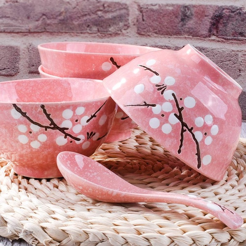 Fignner Japanese Style Ceramic Rice Bowls, Pink Cherry Blossom Design,