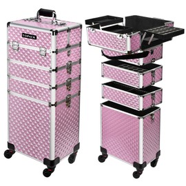 TOPACK Professional 5-In-1 Rolling Makeup Train Case, Large Makeup Travel Case with Key Shoulder Strap/Handle Cushion I Makeup Train Case Organizer I Cosmetology Case on Wheels I Pink