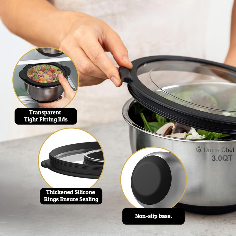 Mixing Bowls with Lids Set - Non-Slip, Airtight Warp-Proof TPR-AS