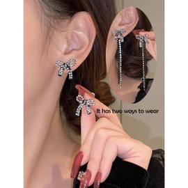 Bow Earrings for Women Silver Earrings Rhinestone Earrings Long Tassel Bow Dangle Earrings Prom Earrings Jewelry Prom Dress Accessories Outfit Valentines Day Gifts for Her