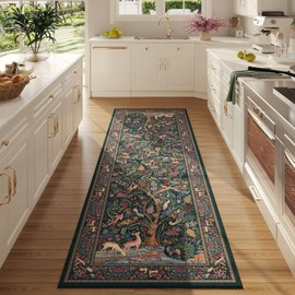 Rugcomf Runner Rug Vibrant Tree of Life-Patterned Vintage Kitchen Rugs Non Slip Washable Soft Carpet Runner for Laundry Bedroom Bathroom, Green